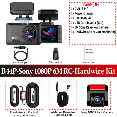 ACCEO 4K Dash Cam WIFI Car DVR - Dual Lens 24H Monitor B44P-6M RCC-KIT / None