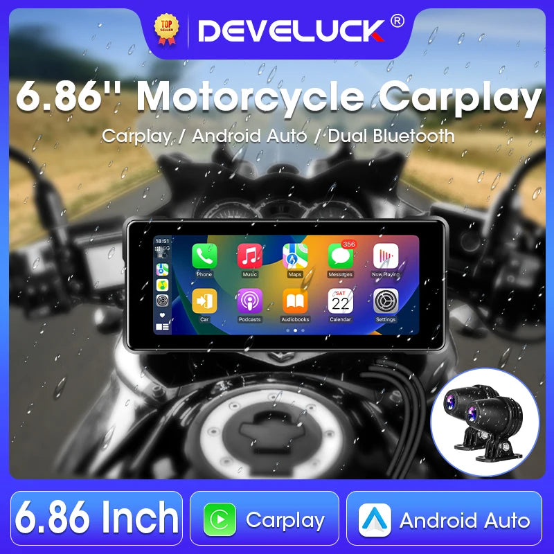 Develuck Motorcycle DVR GPS CarPlay Waterproof with 6.86 Inch IPS Display, Bluetooth, Android Auto