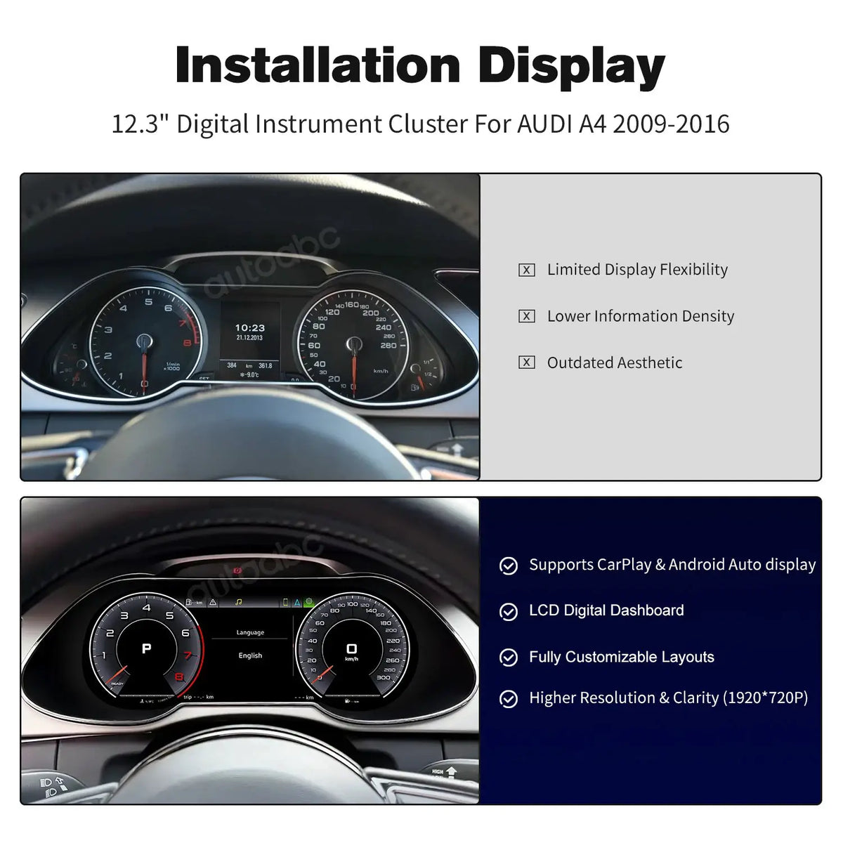 AUTOABC 12.3' LCD Digital Dashboard Cluster Wireless CarPlay Android Auto FOR AUDI A4 2012-2016 year With Airplay 5UI Function by InterCyprus Trading Ltd