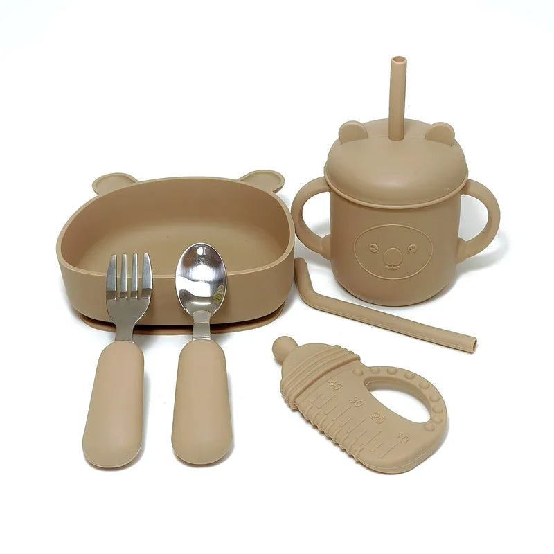 CZSAE Children's Dinnerware Set &ndash; Fall-Resistant Silicone Suction Bowl light brown