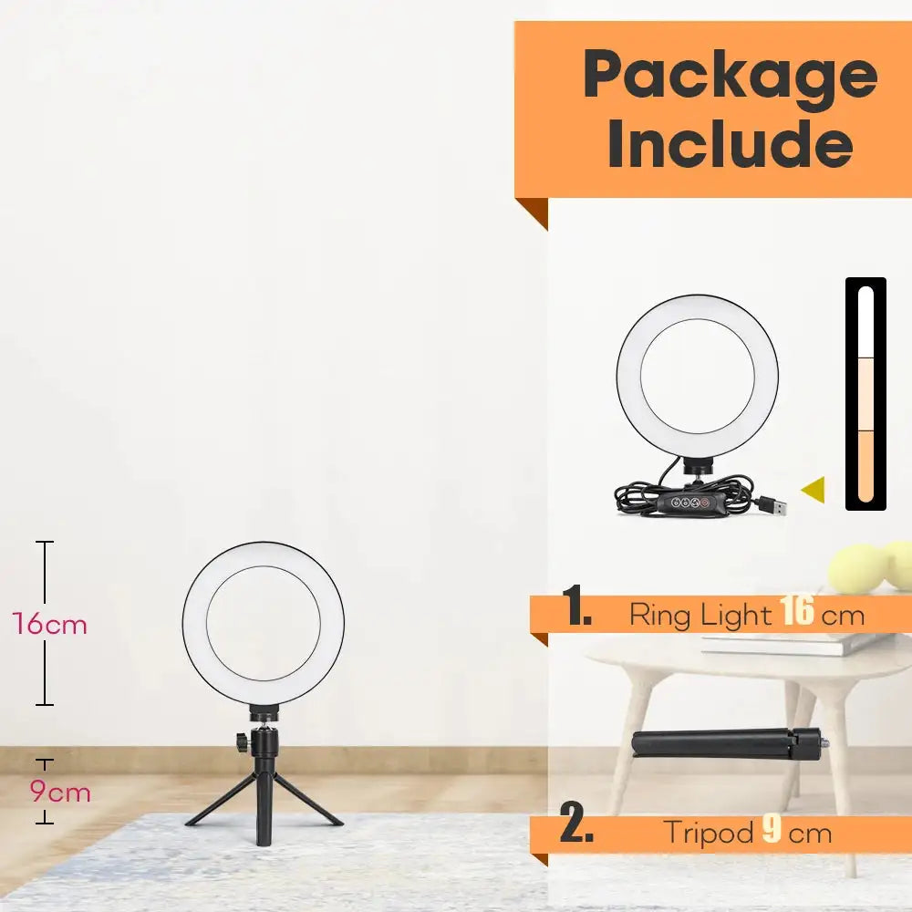 Professional Tripod with LED Ring Light for Phone and Camera 16cmLamp 9cm Stand