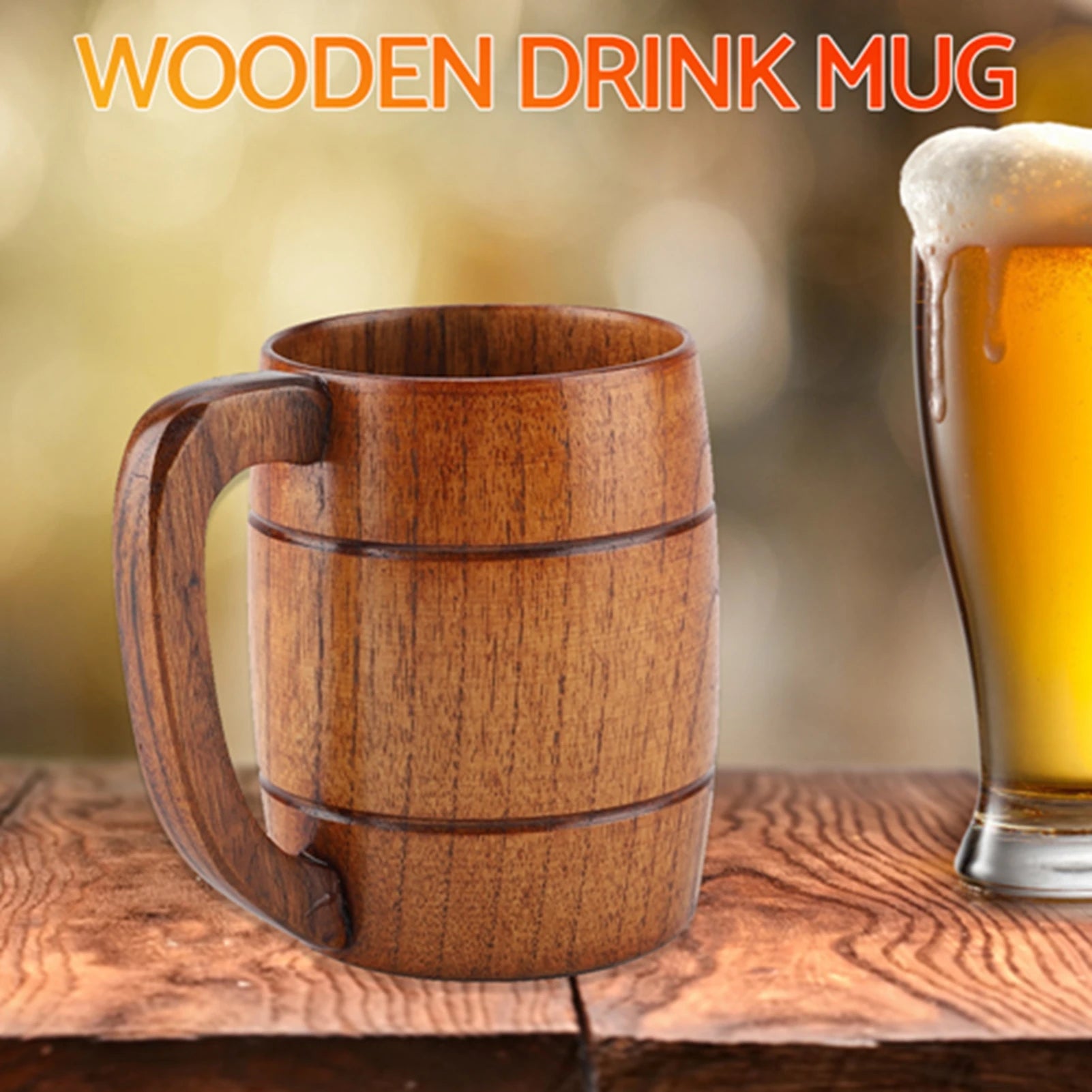 Natural Wooden Beer Cup Retro Big Capacity Mug - With Handle