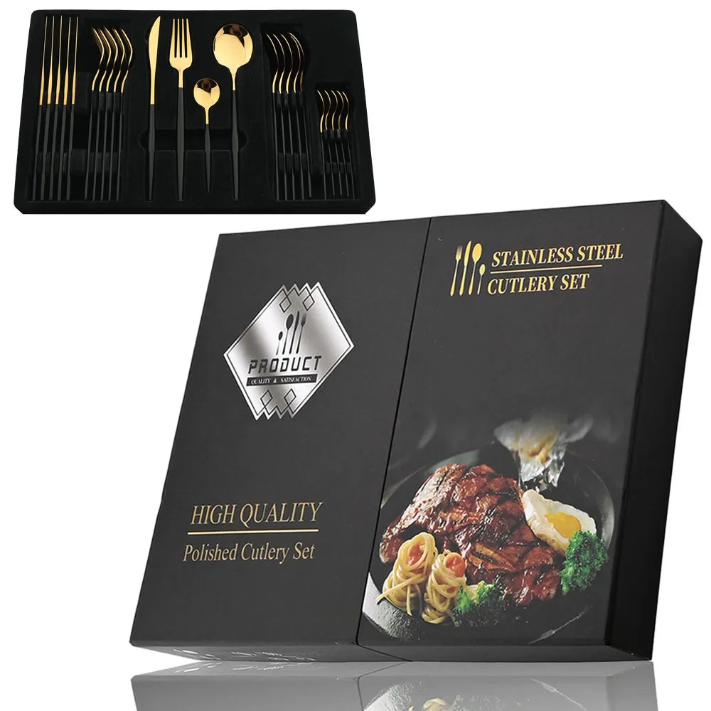 KNGZI 24Pcs Black Handle Golden Cutlery Set &ndash; Elegant Stainless Steel Flatware for Any Occasion Black Gold 24Pcs box