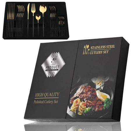 KNGZI 24Pcs Black Handle Golden Cutlery Set &ndash; Elegant Stainless Steel Flatware for Any Occasion Black Gold 24Pcs box