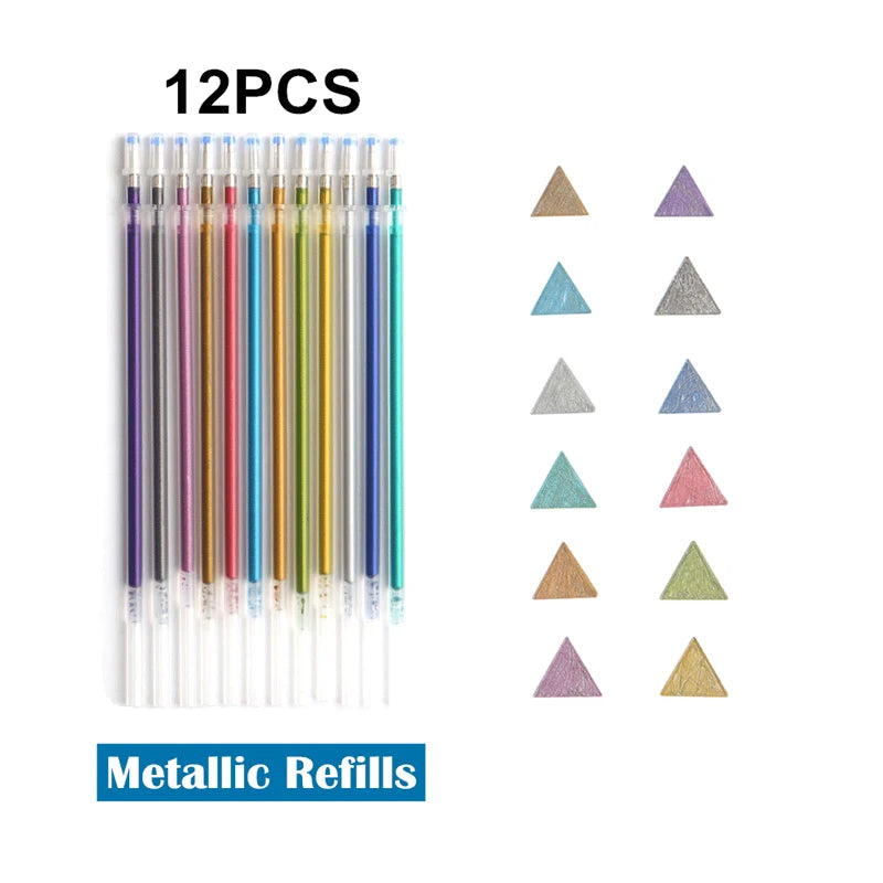 48 Metallic Glitter Gel Pens Set - Ideal for Colouring &amp; Drawing 12Pc Metallic Refill