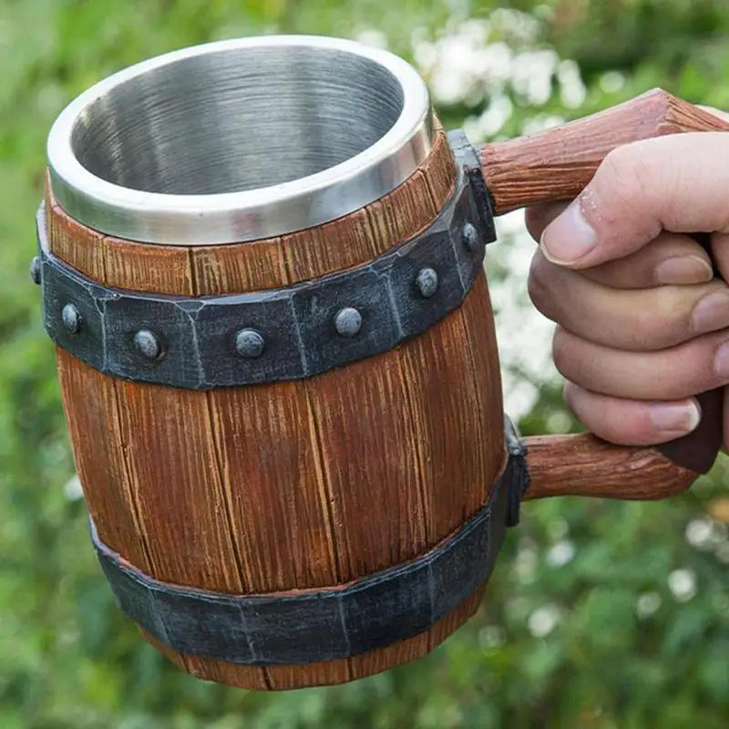 Viking Wooden Barrel Beer Mug - Stainless Steel 900ml