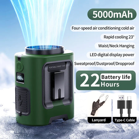 Mini Portable Waist Fan &ndash; 4 Speed Strong Wind with Power Bank 5000mAh Green