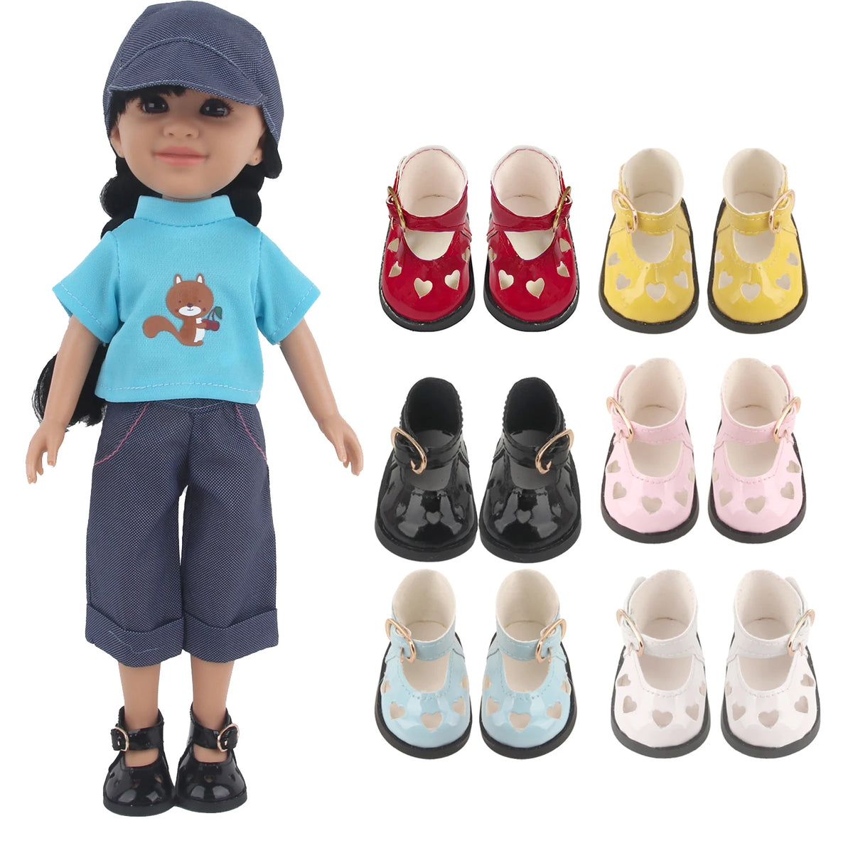 Charming 5.5CM PU Leather Mini Doll Shoes with Heart Bow for 14-Inch Dolls