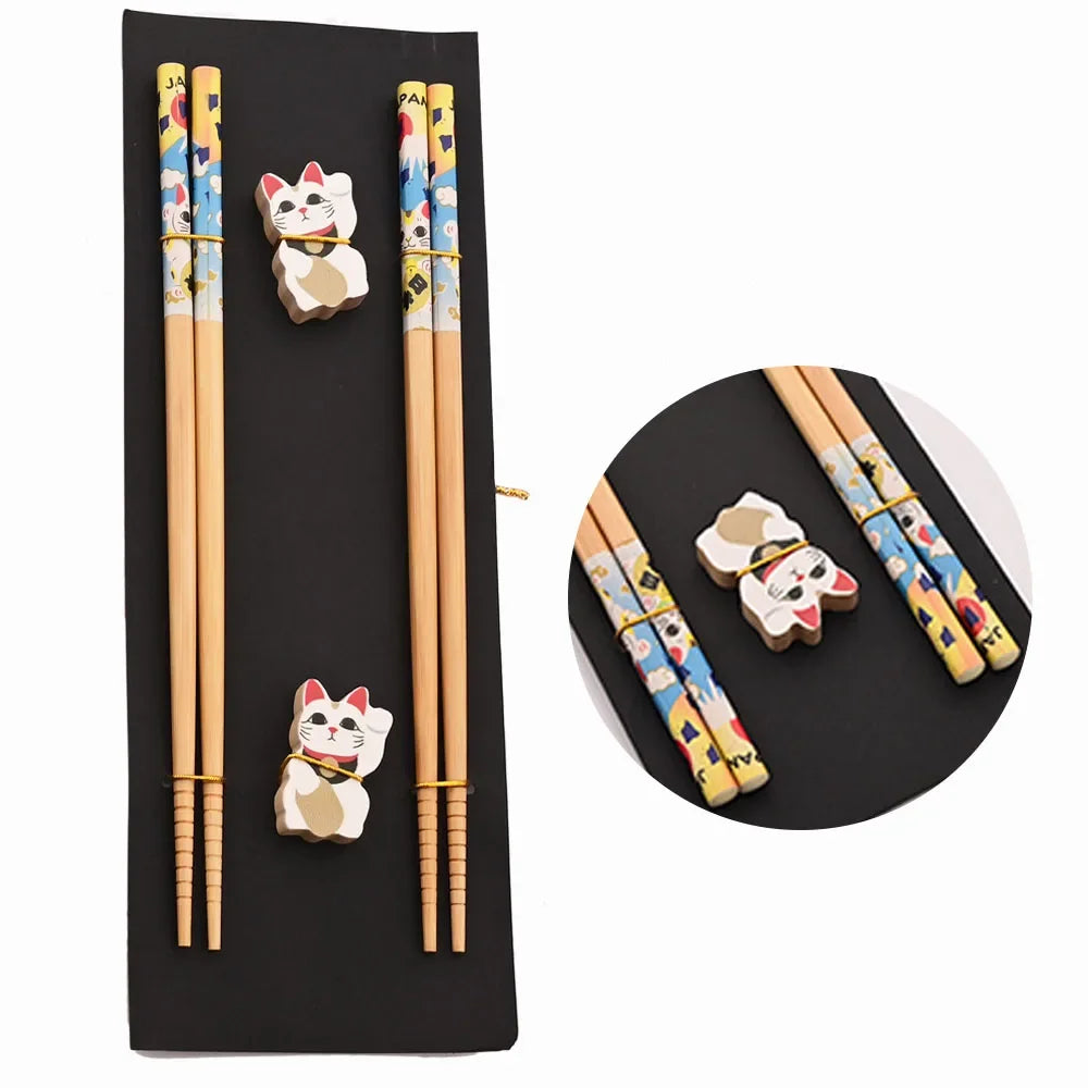 NoEnName Null Reusable Wood Sushi Chopsticks Set &ndash; Eco-Friendly Design Cat