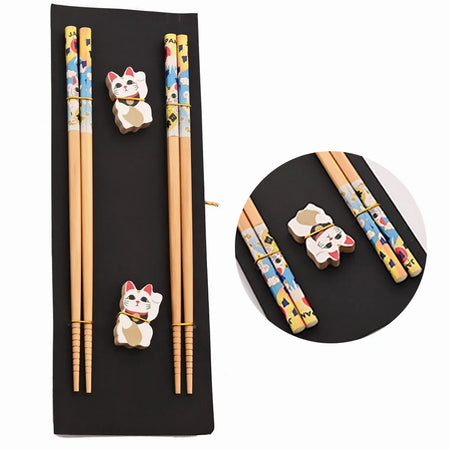 NoEnName Null Reusable Wood Sushi Chopsticks Set &ndash; Eco-Friendly Design Cat