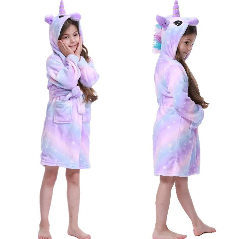 Unicorn Kids Hooded Bathrobe - Flannel Fleece Sleepwear for Girls