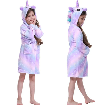 Unicorn Kids Hooded Bathrobe - Flannel Fleece Sleepwear for Girls