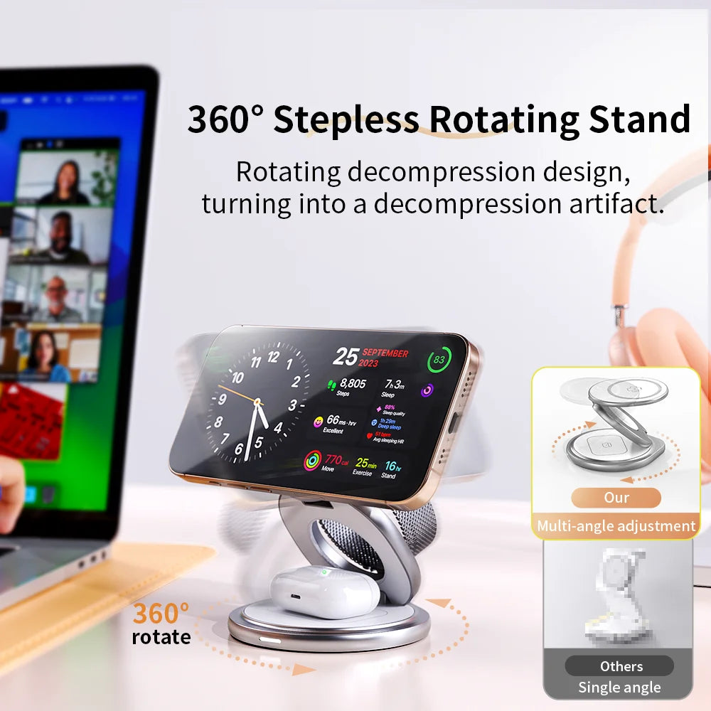 CrownQu 3 In 1 Magnetic Wireless Charger &ndash; Fast Charging With 360 Degree Rotation