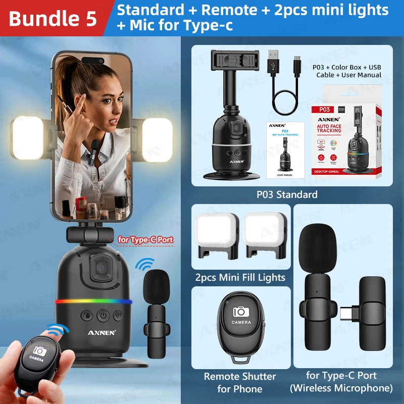 Smart Auto Face Tracking AI Gimbal for Smartphone &amp; Action Camera | 360&deg; Rotation Vlog Kit add-RC-Light-TCmic