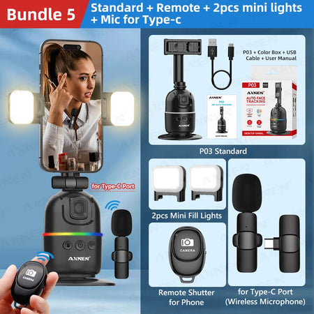 Smart Auto Face Tracking AI Gimbal for Smartphone &amp; Action Camera | 360&deg; Rotation Vlog Kit add-RC-Light-TCmic
