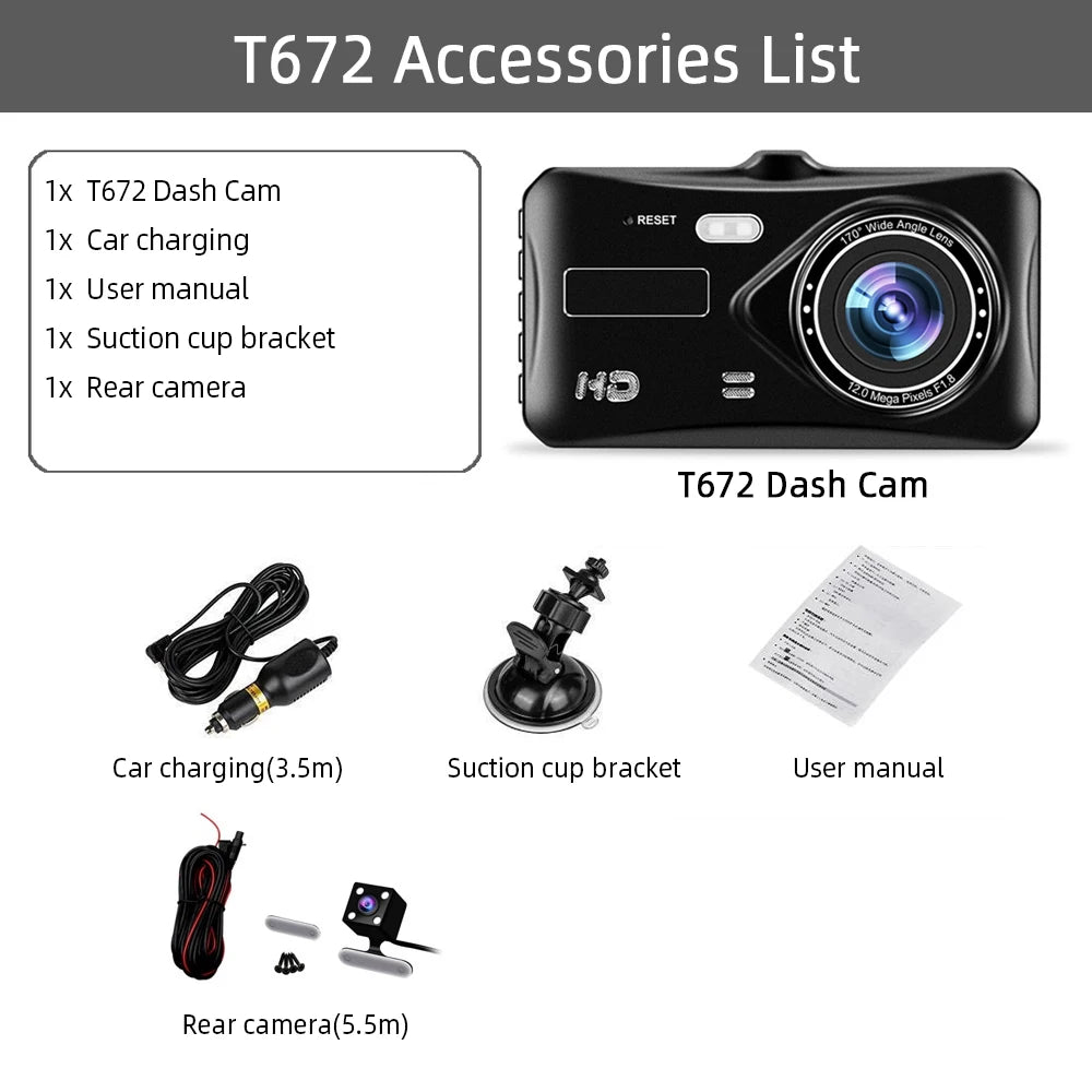 Dash Cam Front and Rear Camera CAR DVR &ndash; Full HD 1080P Night Vision Recorder Dual Lens / None