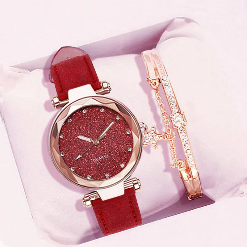Romantic Starry Sky Leather Bracelet Watch for Women Red Bracelet