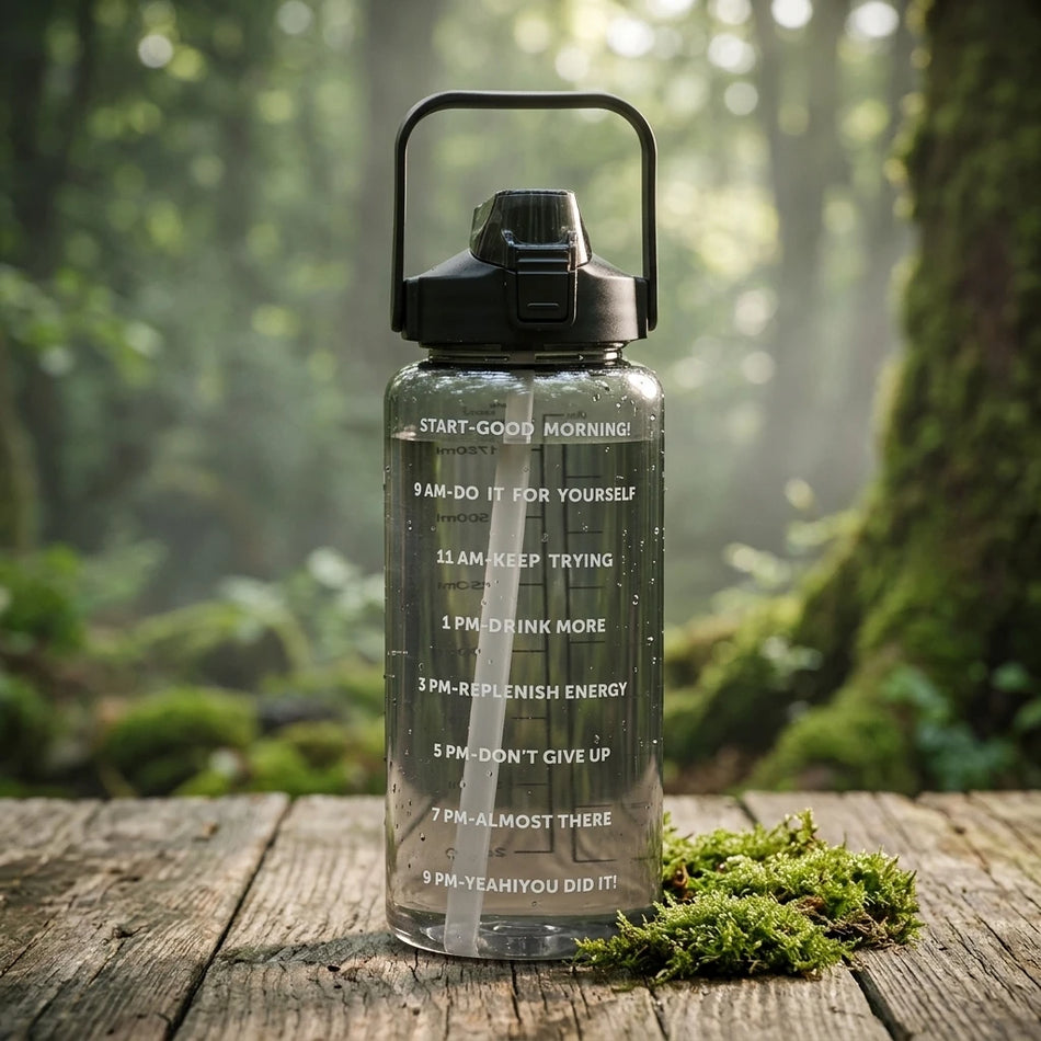 Bottiglia d'Acqua da 2L con Cannuccia e Marcatori di Tempo, Bicchiere Sportivo in Plastica per Corsa all'Aperto