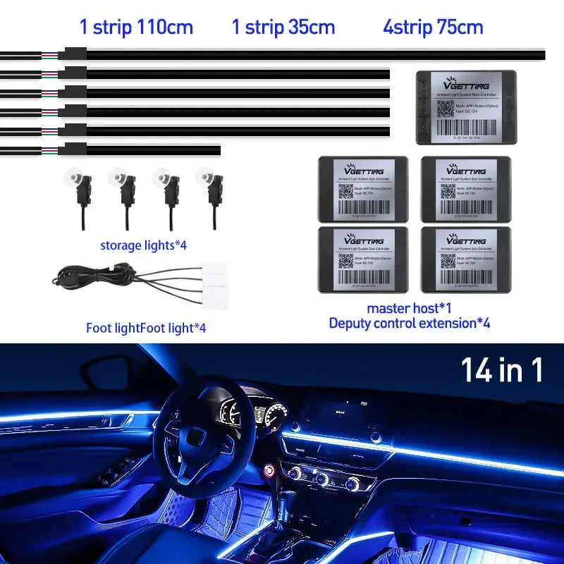 Full Color Streamer Car Ambient Lights RGB 64 Color Universal LED Interior Hidden Acrylic Strip Symphony Atmosphere Lamp by InterCyprus Trading Ltd