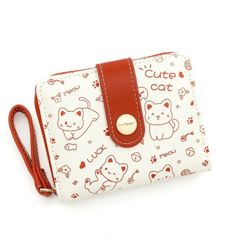 Cute Cat Girl Zipper Wallet for Women &ndash; Fashionable Short Card Holder and Coin Purse Red