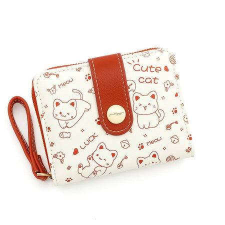 Cute Cat Girl Zipper Wallet for Women &ndash; Fashionable Short Card Holder and Coin Purse Red