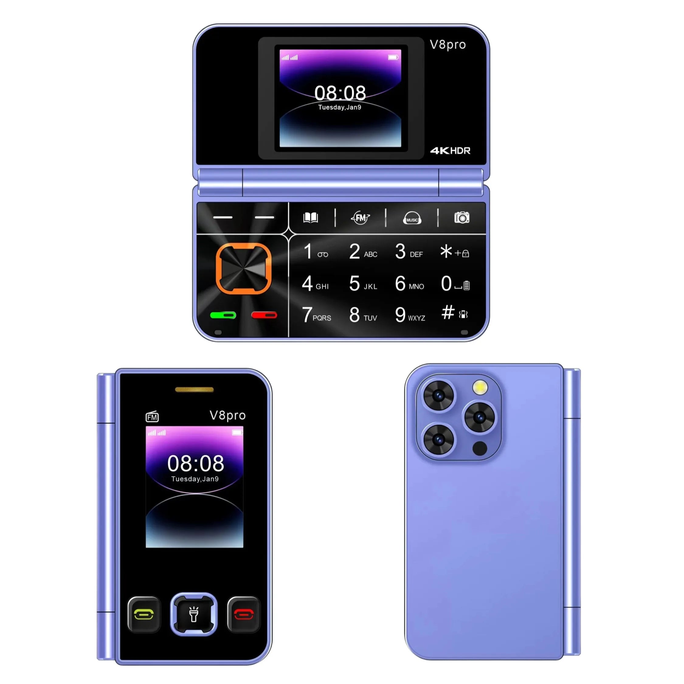 Two Screen Folding Pocket Phone &ndash; Large Push Button Dialing Purple / add 16G TF card