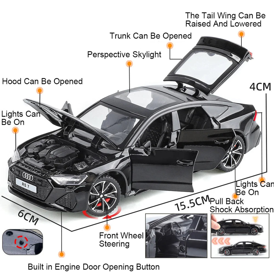 Model de mașină diecast A4 RS7 la scară 1:32 cu uși deschise, lumini și sunet