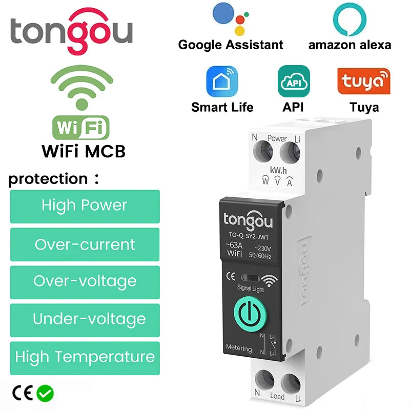 TONGOU WiFi Smart Circuit Breaker with Over/Under Voltage Protection and Remote Control 1-63A adjustable