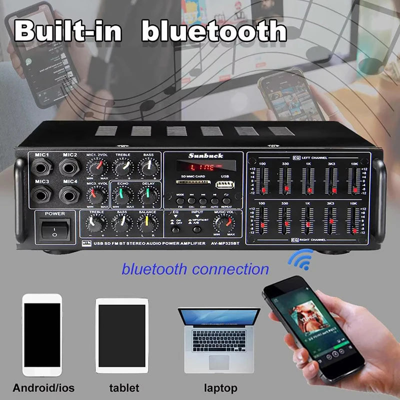 SUNBUCK 325BT Bluetooth Power Amplifiers 110/220V Audio Stereo Digital AMP Support 4 Mic Input USB SD FM AUX With Remote Control
