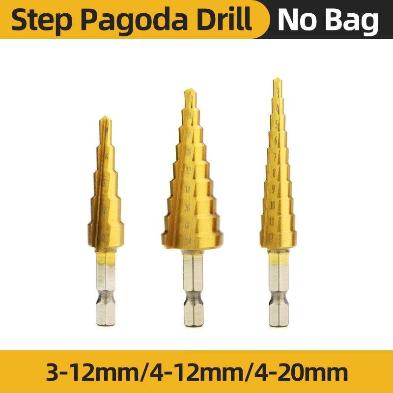 HSS Titanium Step Drill Bit Set for Metal &amp; Wood - High-Speed Steel, 4-12mm, 4-20mm, 4-32mm 3-12 4-12 4-20