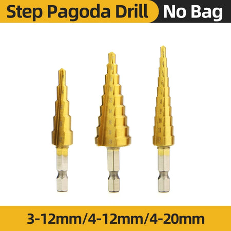 HSS Titanium Step Drill Bit Set for Metal &amp; Wood - High-Speed Steel, 4-12mm, 4-20mm, 4-32mm 3-12 4-12 4-20