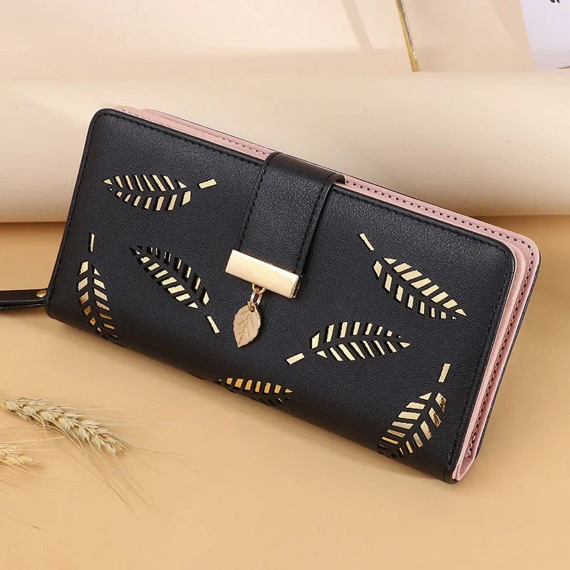 Ladies' PU Leather Hollow Leaves Long Zipper Wallet Black / CHINA