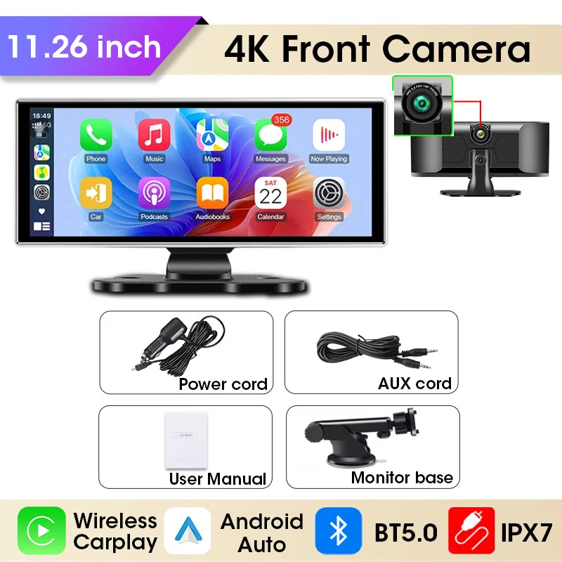 11.26 Inch Dash Cam 4K Car DVR &ndash; Wireless Carplay and Android Auto with Dual Lens and GPS Navigation 4K DVR / No TF Card