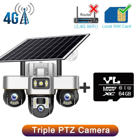 15MP 4G Three PTZ Solar Camera Three screen PIR Human Tracking Security CCTV Surveillance IP Camera PTZ control for all 3 Lens 4G Camera 64G Card
