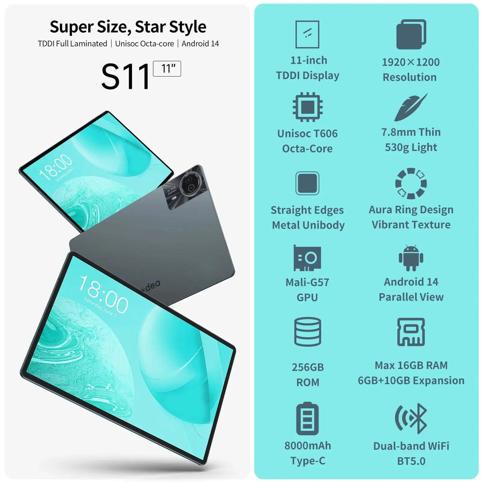 ODEA S11 Android 14 Tablet 11 Inch 1920x1200 4G LTE