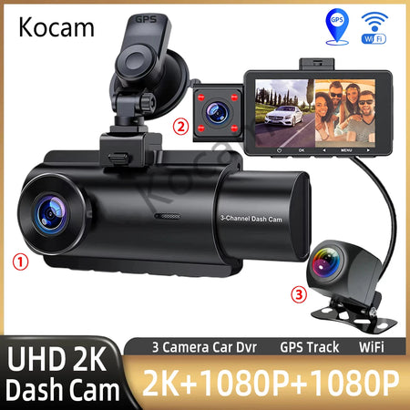 3 Channel Dash Cam &ndash; 2K Front and Rear Dual Lens with GPS WiFi and Night Vision