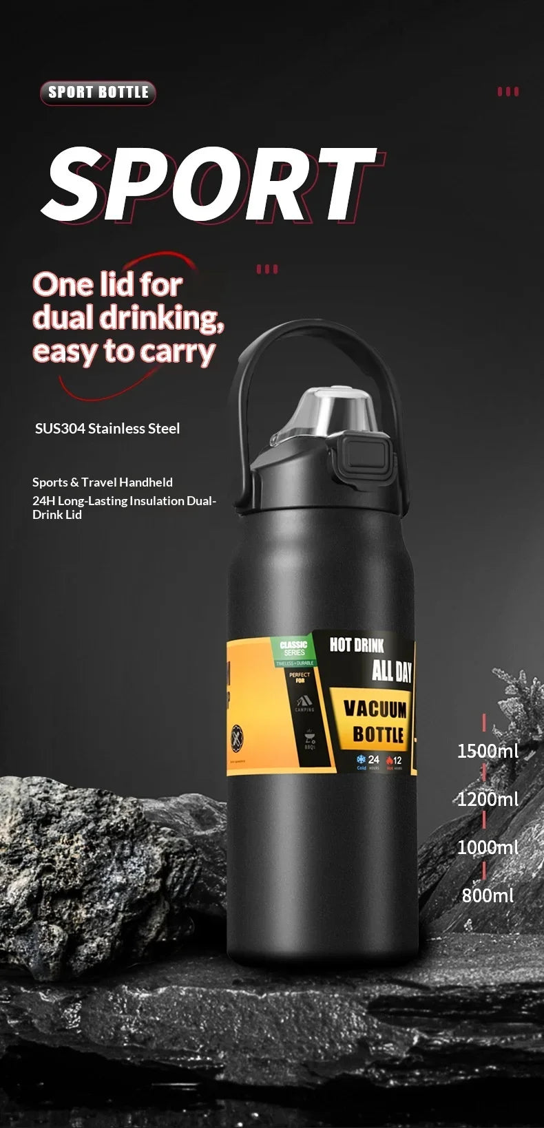 304 Stainless Steel Vacuum Flask with Straw, Insulated Water Bottle for Outdoors