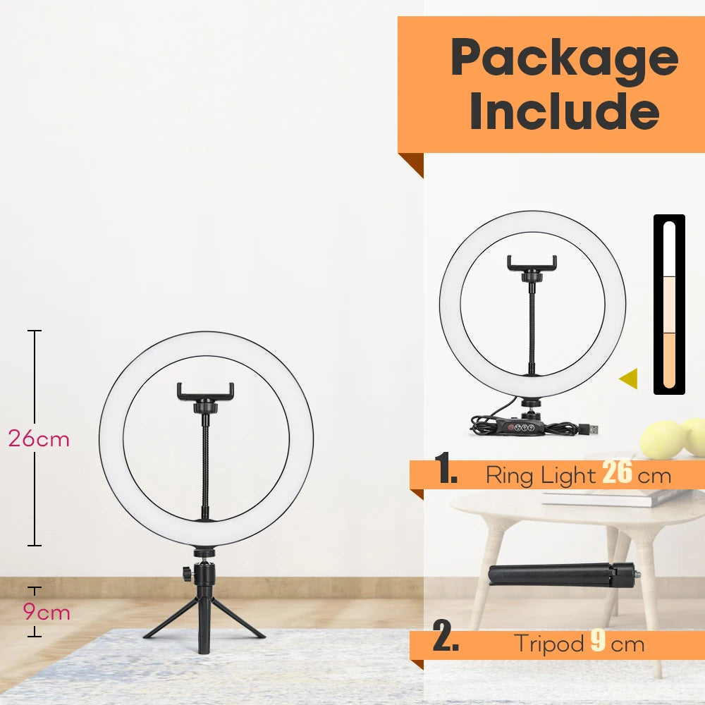 Professional Tripod with LED Ring Light for Phone and Camera 26cmLamp 9cm Stand