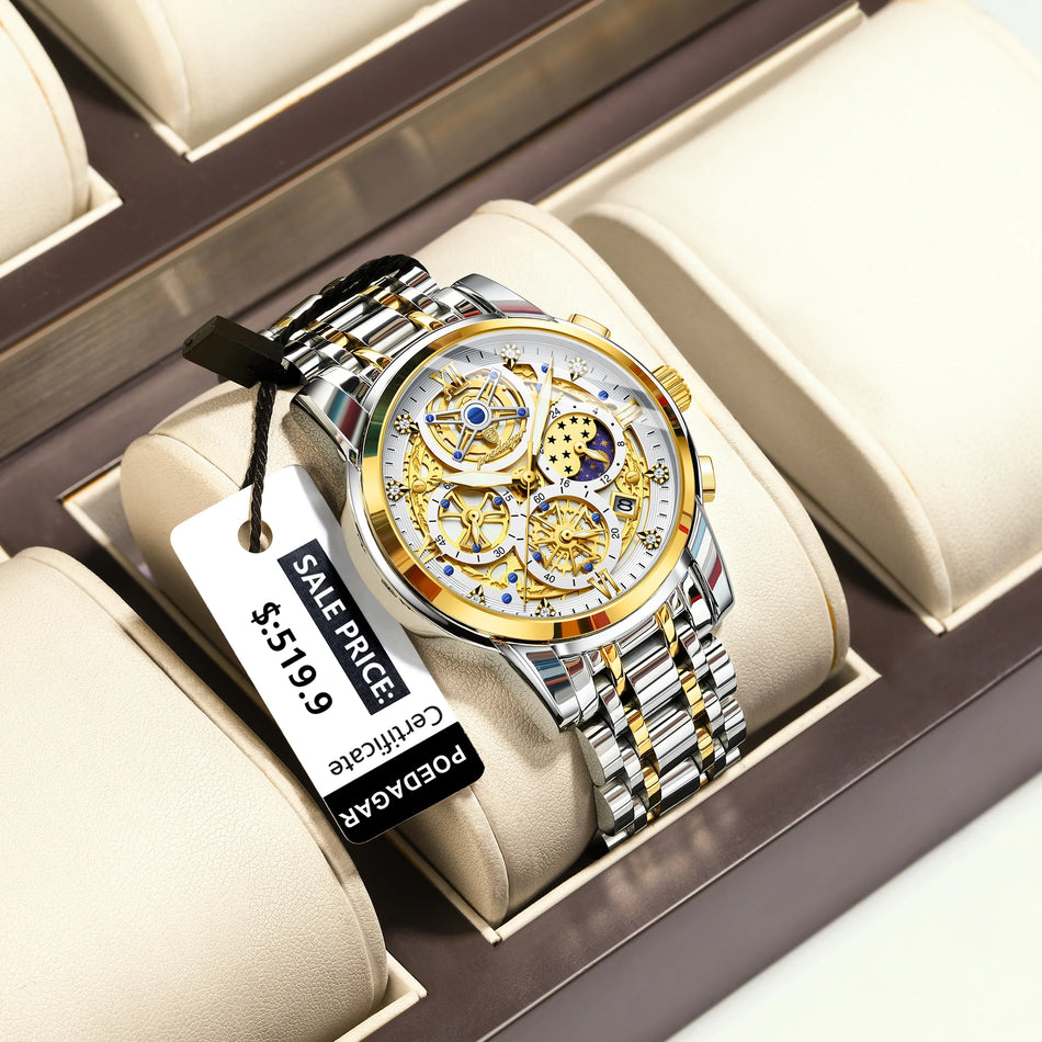 Poedagar Men's Watch Stainless Steel Waterproof Chronograph Quartz Luminous Date