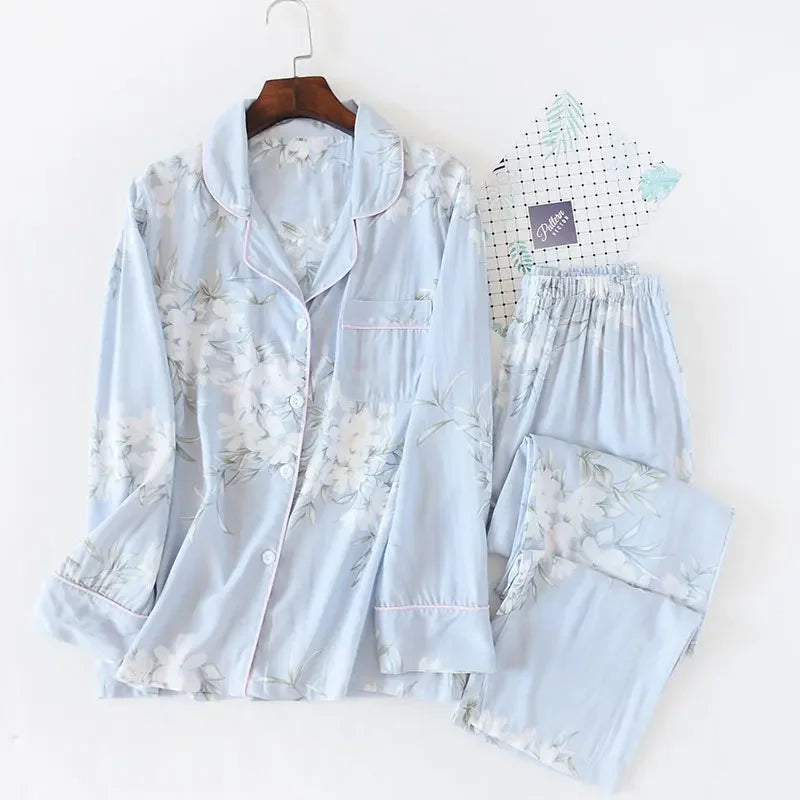 Japanese Style Women's Viscose Pajama Set - Floral Print, Long-Sleeve blue flower / M