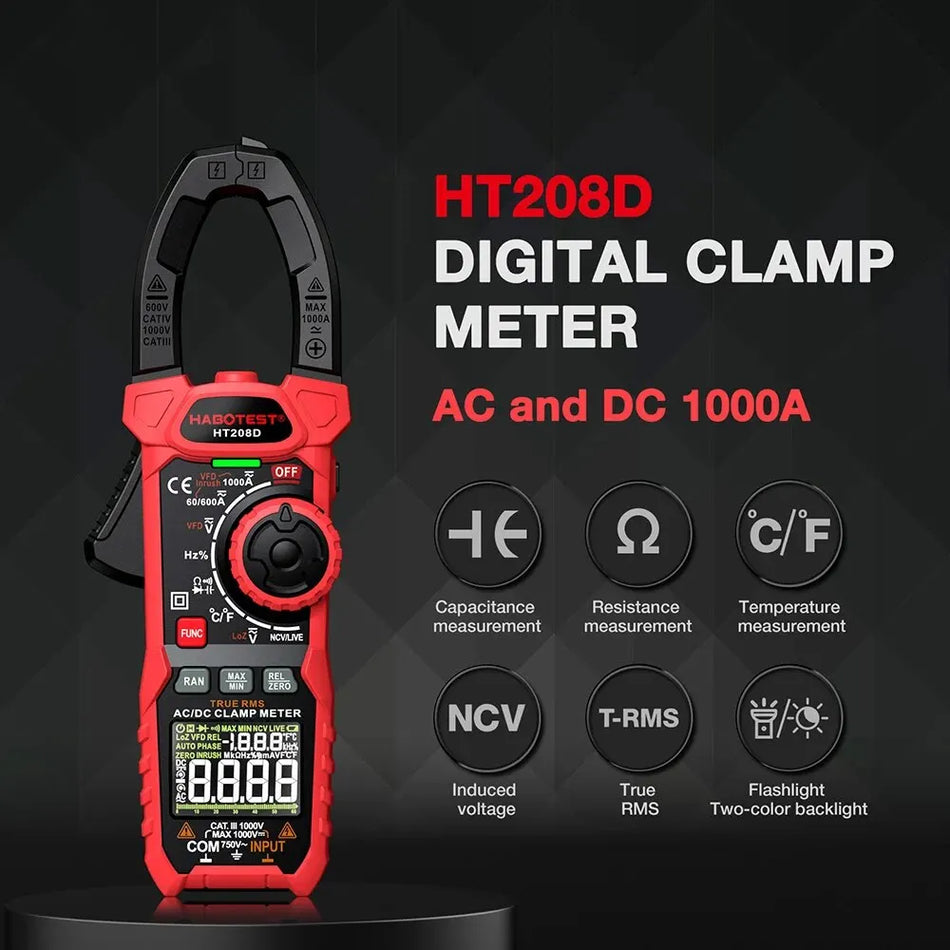 1000A True RMS Clamp Meter AC/DC with Temperature, NCV, 6000 Counts HT208A/D