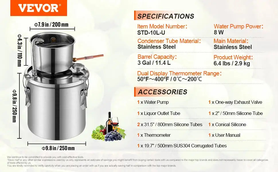 Stainless Steel Alcohol Distiller Kit Dual Condenser STD-10L-U / CZECH REPUBLIC