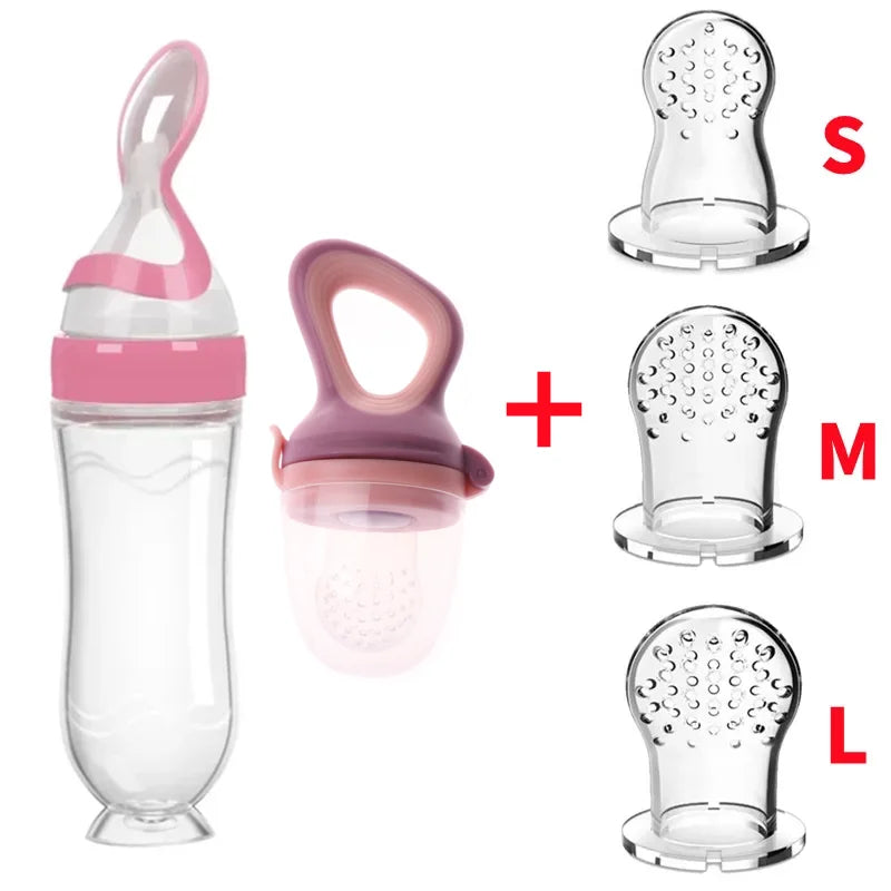 Safe Silicone Baby Feeding Spoon Bottle and Fruit Feeder Kit