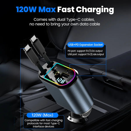 120W 4-In-1 Retractable Car Charger Type-C - Fast Charge