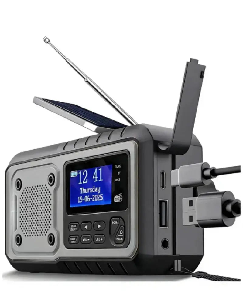 Radio d'urgence portable DAB FM à manivelle avec panneau solaire, Bluetooth, batterie de 5000mAh