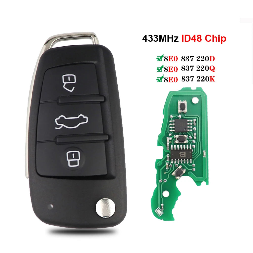 High-Quality 315/433Mhz Audi Remote Car Key ID48 for Q7 B7 Q3 A3 TT A2 A8 A6 A6L A4 S5 C5 C6 B6 A4L A5 Q5 S RS Models - Uncut Blade, No Logo 8E0837220K 433Mhz