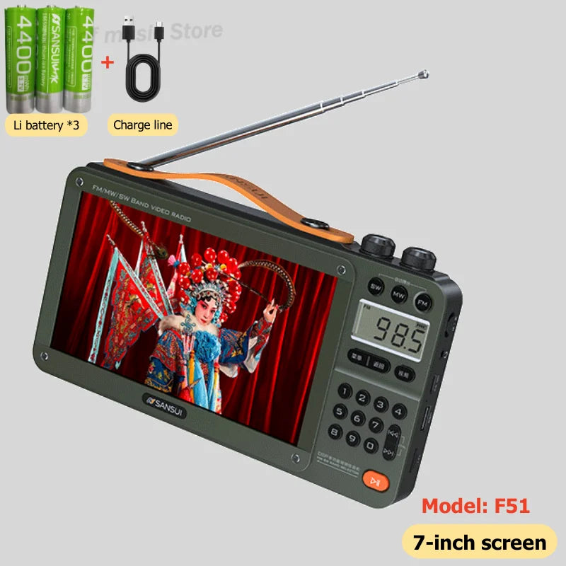 SANSUI F51/F50 Portable FM Radio with Bluetooth, Dual TF Slots &amp; MP4 Player F51 7.0-inch Green