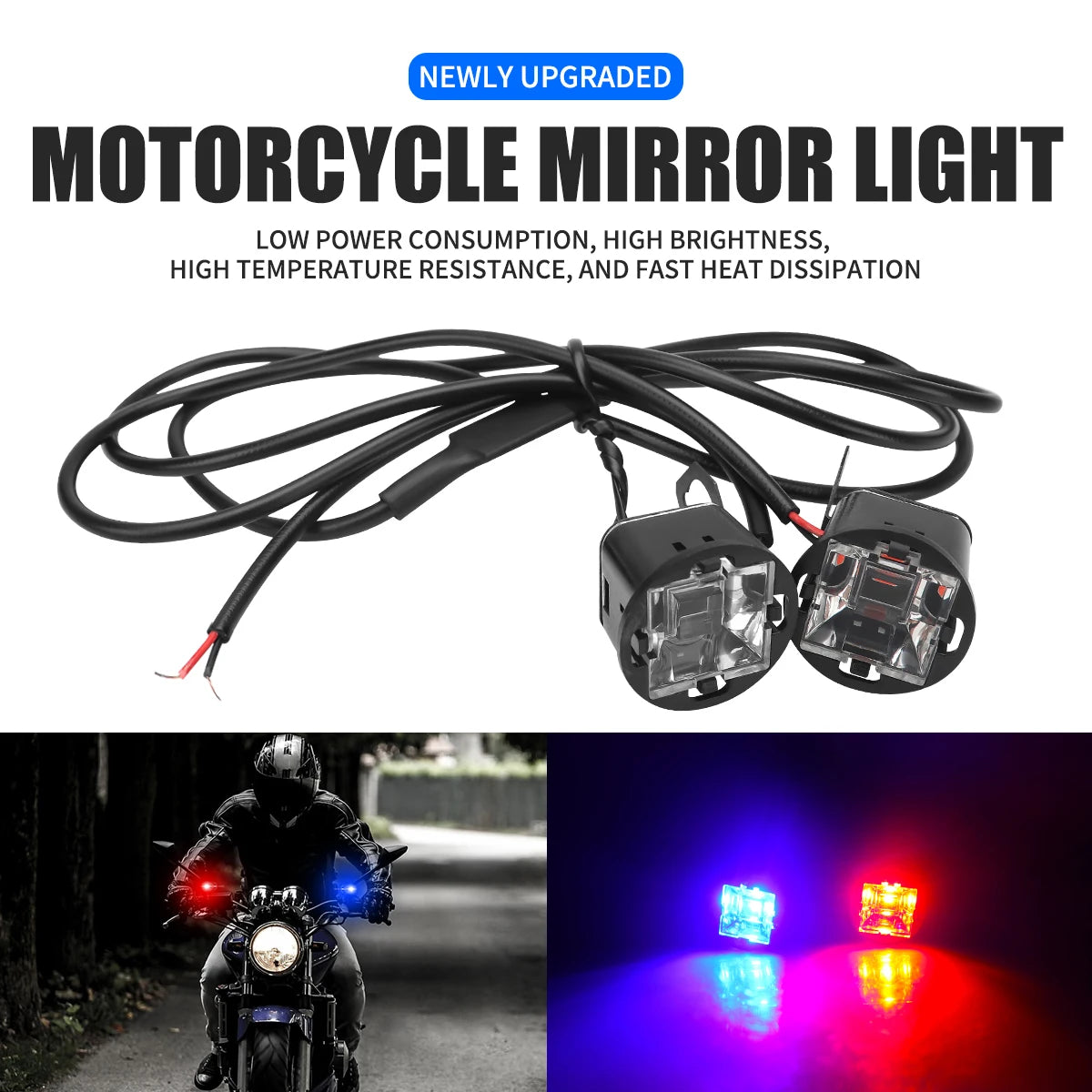 Motorcycle LED Mirror Light &ndash; Dual Color Flashing Police Warning Lights