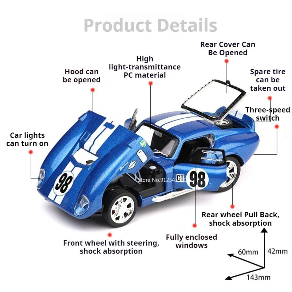 Mașină Diecast Cobra GT500 cu retragere, cu sunet și lumini 1:32