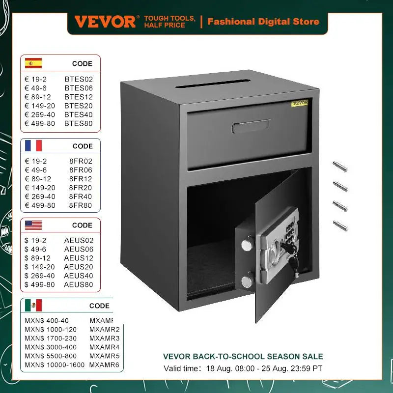 Elektroniskt värdeskåp med insättningsfack och nycklar